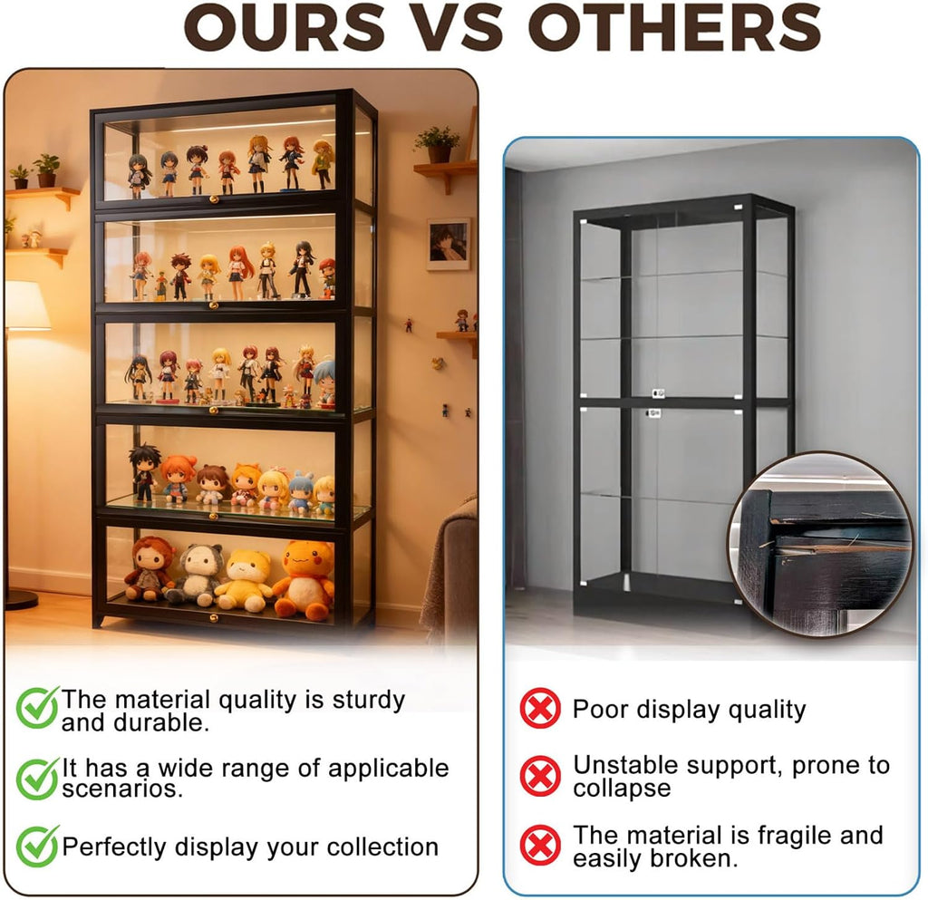 Display Cabinet with Acrylic Glass Doors 5-Tier Curio Cabinet - Collectibles Toy Organizers Rack & Display Shelf - Bookcase for Home Office Playroom Living Room Books Toys (Black)