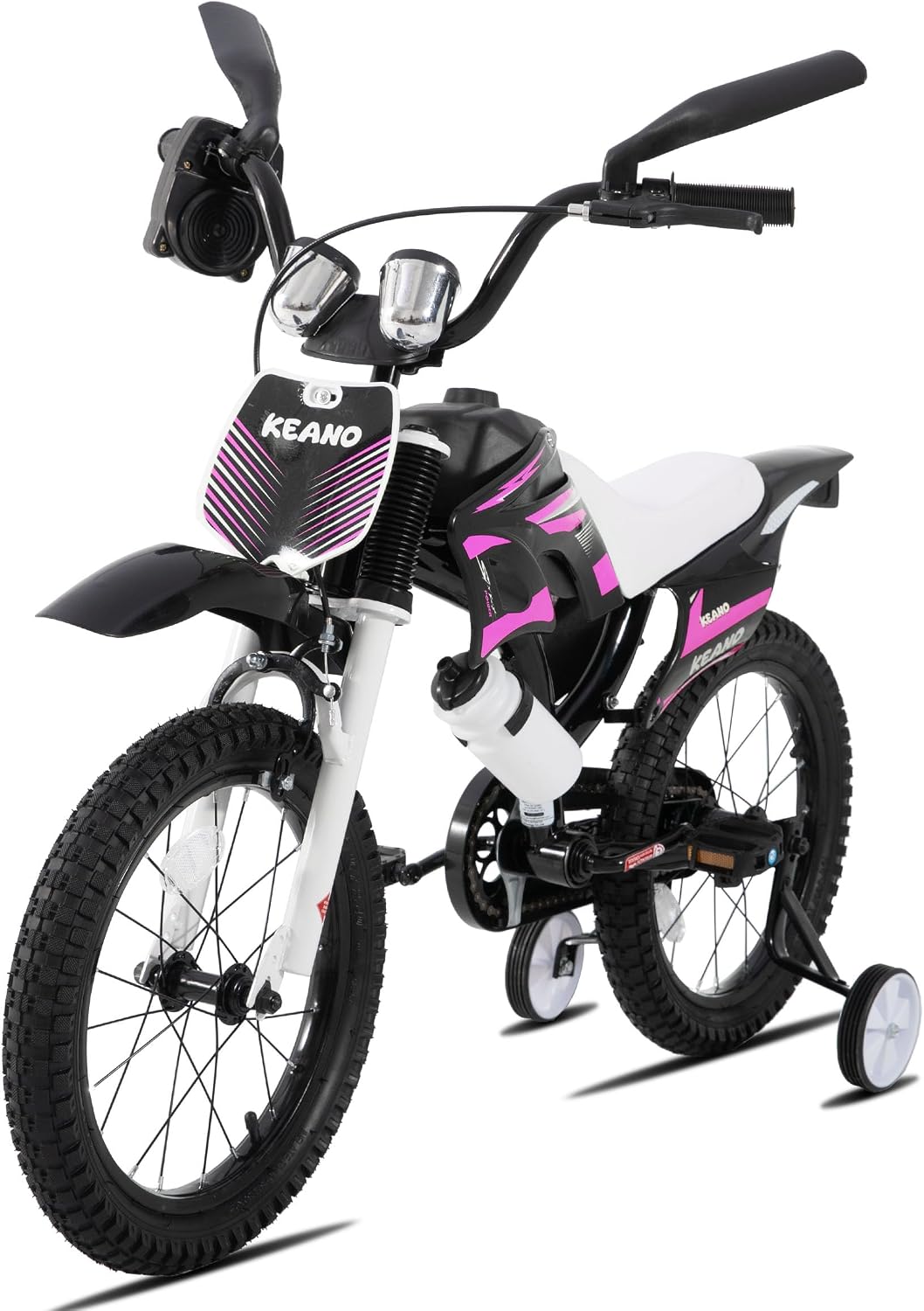 KEANO Motocross Style Kids Bike for Boys Girls Ages 3-7 Years, 12 & 16 Inch Bikes with Training Wheels and Number Plate, Children Bicycles Black