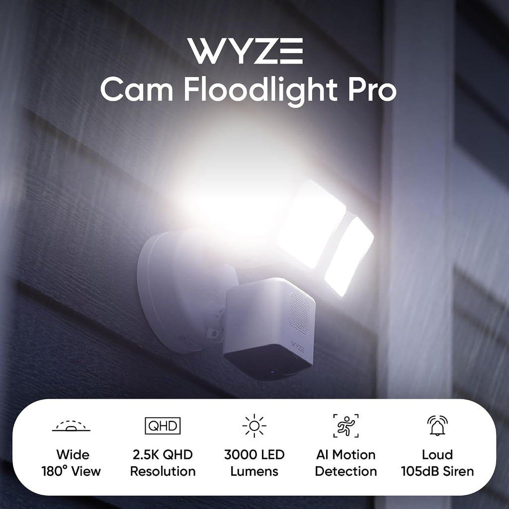 WYZE Floodlight Camera Pro, PCMag Editors' Choice 3000-Lumen LEDs, 2.5K HD Outdoor Security Camera, 180° Wide View, Motion Detection, Color Night Vision, Works with Alexa & Google-White
