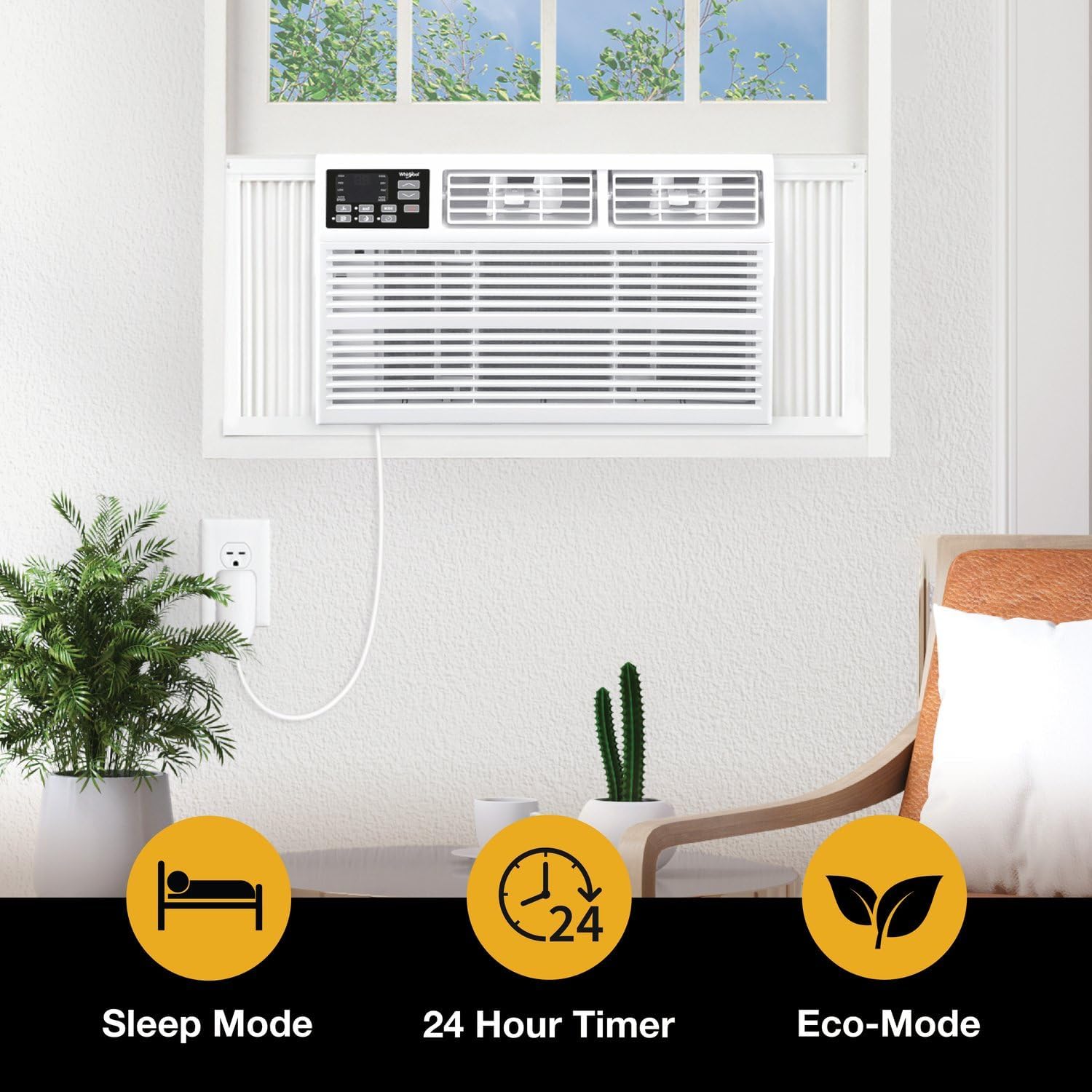 Whirlpool 18,000 BTU Window Air Conditioner with Dehumidifier, 230V, Window AC for Large Rooms up to 1000 Sq. Ft., Bedroom, Living Room, Apartment, with Remote, 3 Speeds, and 24H Timer, White