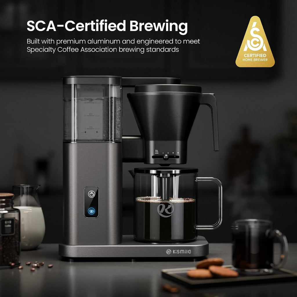 Kismile SCA-Certified 8 Cup Drip Coffee Maker, Pour Over Coffee Machine with 3s Instant Heat 197–205℉, Adjustable Flow Control, Removable Water Tank, Deep Cold Brew & 40 Min Keep Warm (Light Grey)