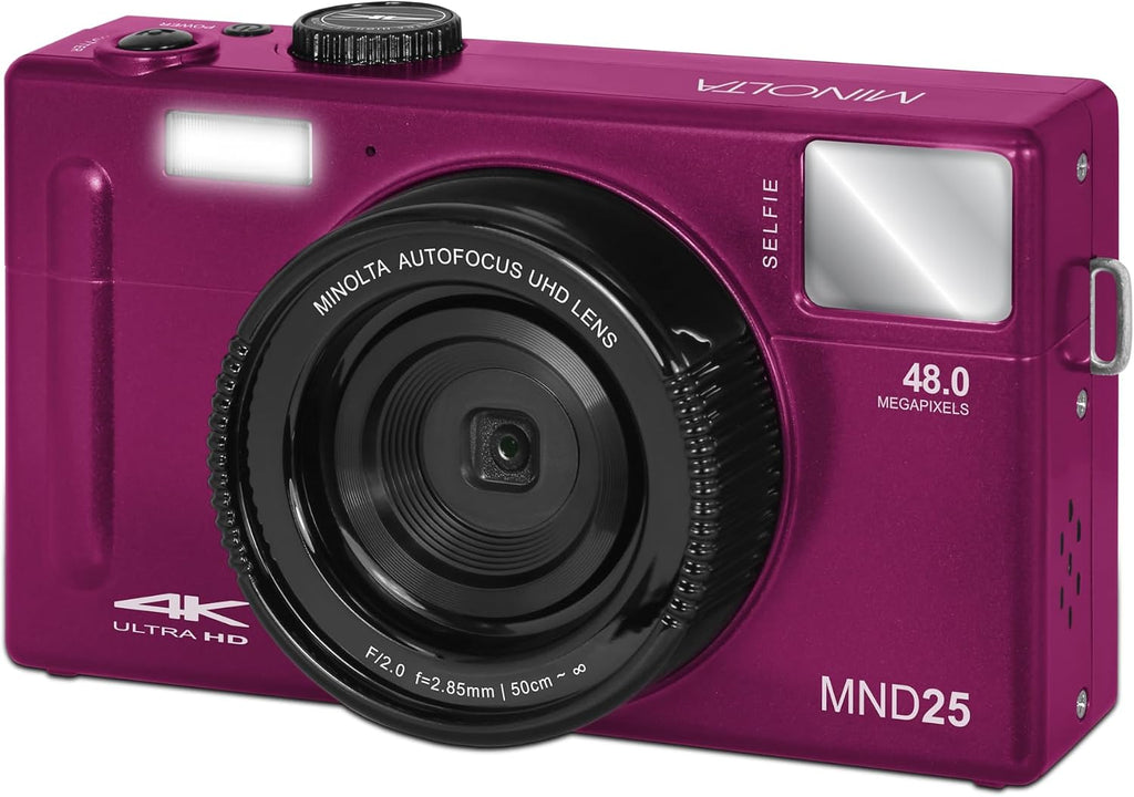 Minolta 48MP Autofocus Digital Camera with Selfie Mirror – 4K Ultra HD Video, 16x Digital Zoom, 3.0' LCD, Face Detection, Smile Capture, Scene Modes, Rechargeable Battery, Memory Card (Magenta)