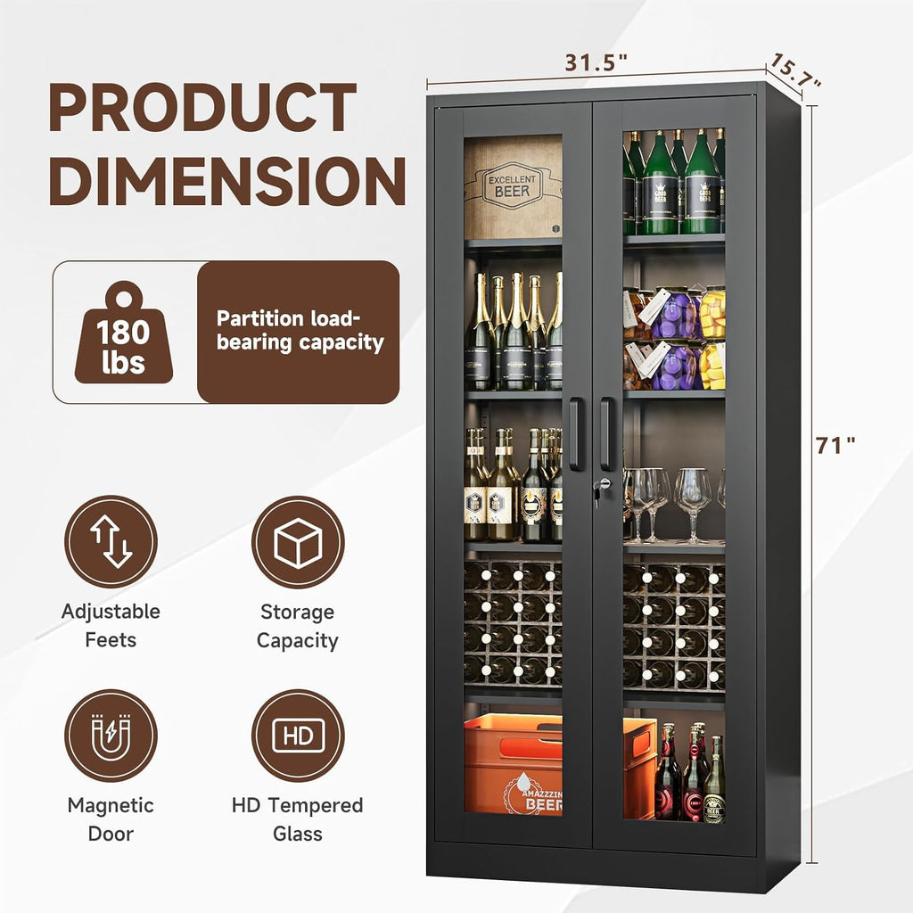 PEUKC Display Cabinet with Glass Doors, 71 Inches Metal Display Case with 4 Adjustable Shelves, Curio Storage Cabinet with Lock for Home, Office, Book, Pantry, Assemble Required (Black)