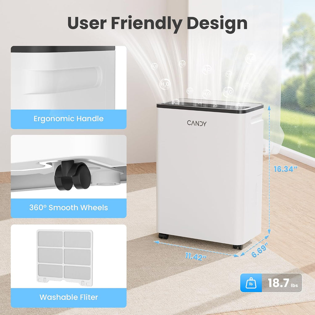Candy 2000 Sq.Ft Dehumidifiers for Home, 34 Pints Portable Dehumidifier With Continuous/Auto Mode,0.66 Gal Tank, for Bedroom,Bathroom,Basement, Smart Control with Drian Hose Included