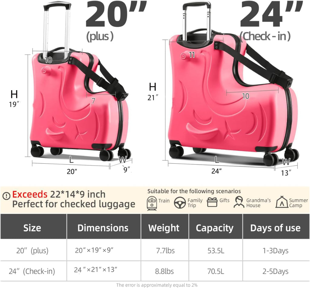 Toddler Luggage Ride On Suitcase for Kids with 4 Spinner wheels, Hardside Travel Luggage for Boys and Girls Ages 2-12 (Fuchsia Red, 20 inch ride on luggage)