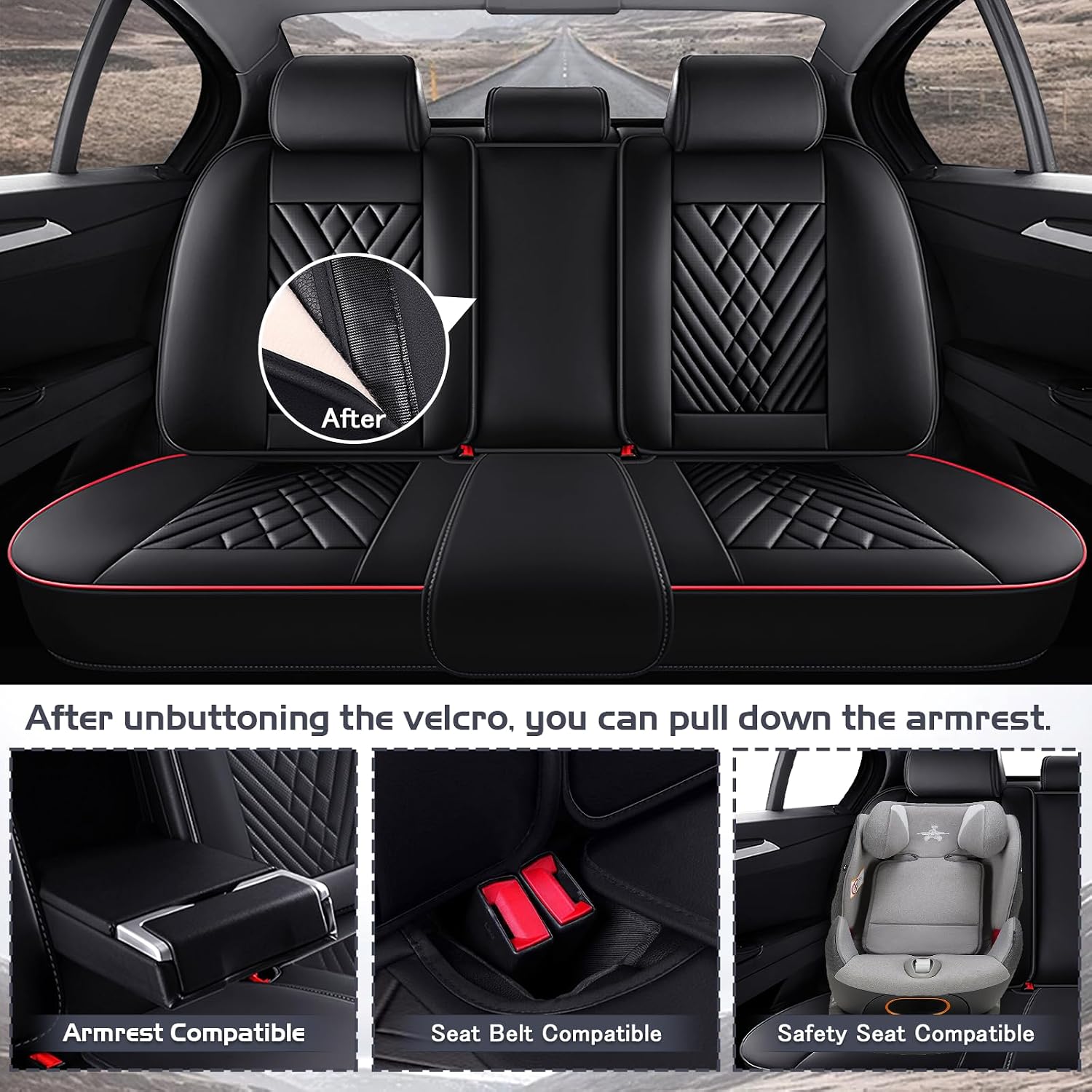 Car Seat Covers for Ford Bronco Sport 2021-2026, Waterproof Nappa Leather Full Set Seat Cover, Anti-Slip and Comfortable Automotive Seat Protector&Accessories(Black Red)