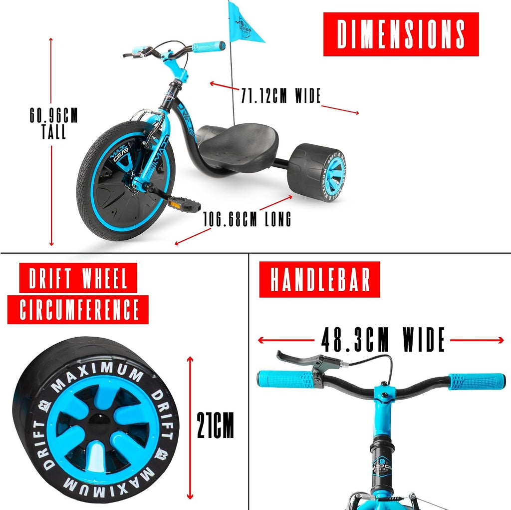 Drift Trike for Kids Ages 5+ – 16' Front Wheel Ride-On with Adjustable Seat, Steel Frame, Rear Slick Drift Wheels & Safety Flag – Madd Gear - (Black Blue)