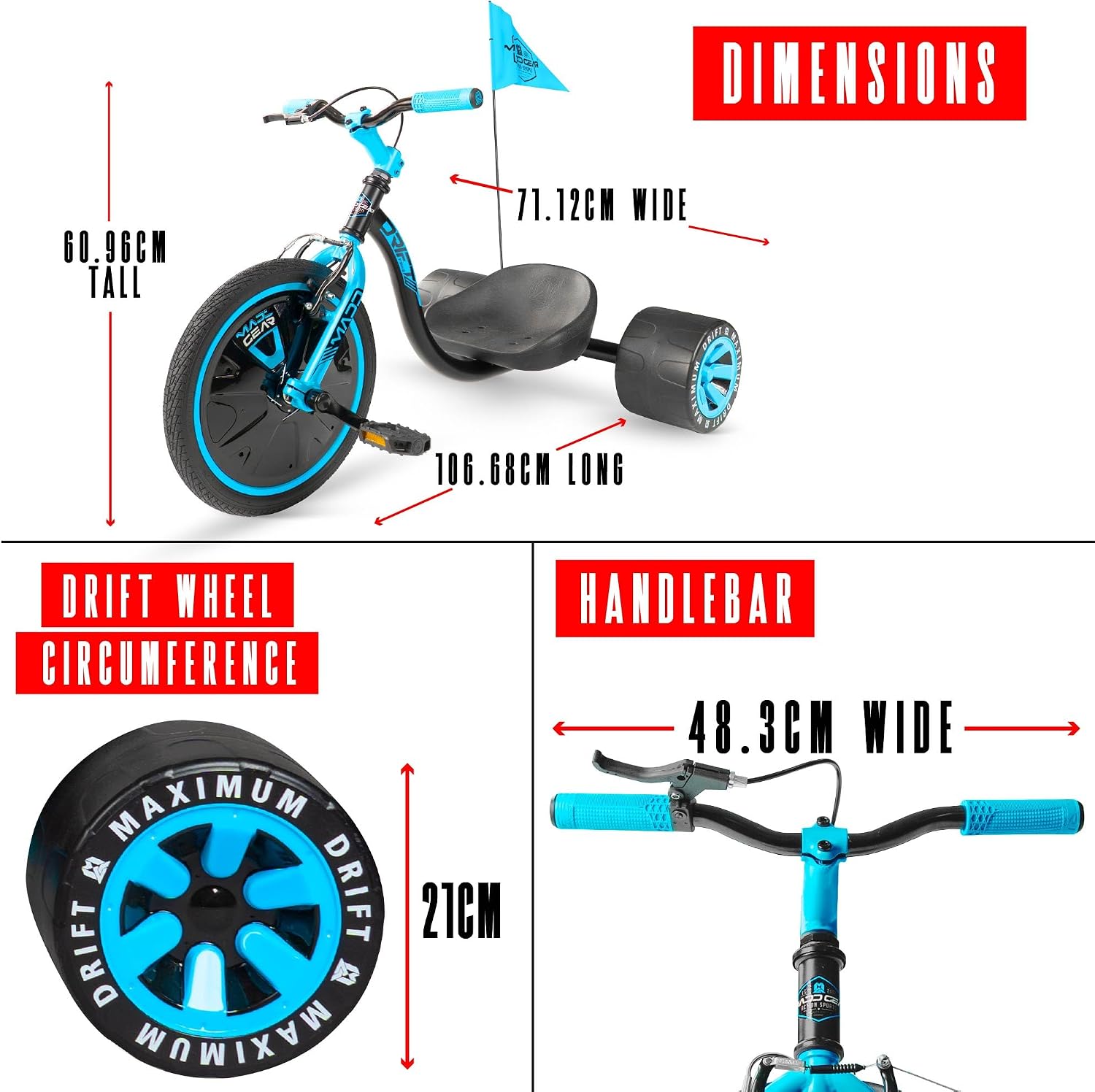 Drift Trike for Kids Ages 5+ – 16' Front Wheel Ride-On with Adjustable Seat, Steel Frame, Rear Slick Drift Wheels & Safety Flag – Madd Gear - (Black Blue)