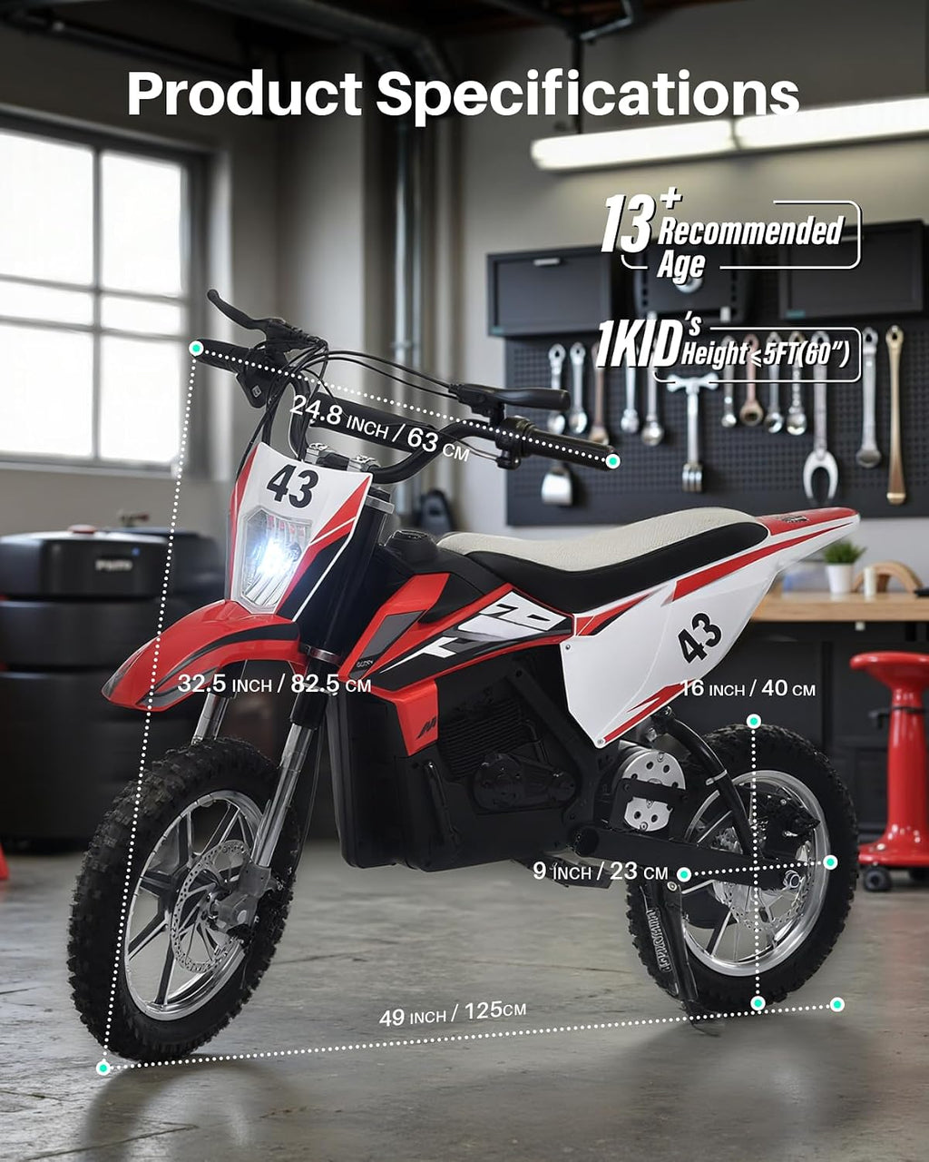 Blitzshark 36V 650W Kids Electric Dirt Bike Off-Road Motocross Ultra Powerful Motorcycle, with 17 MPH MAX Speed, Rubber Tire,Twist Grip Throttle, Dual Suspension & Brakes, Leather Seat, SRK-MC20 Pro