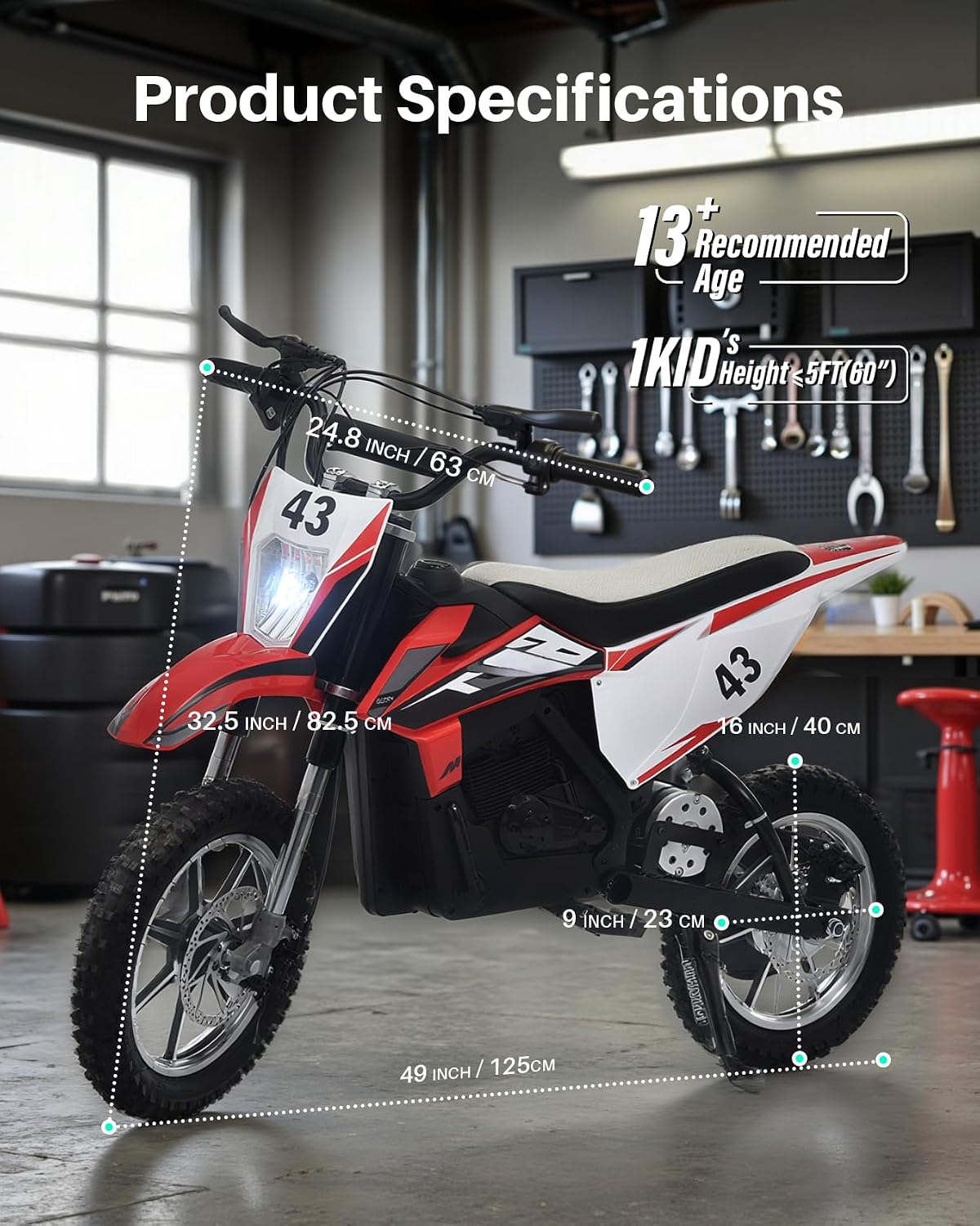 Blitzshark 36V 650W Kids Electric Dirt Bike Off-Road Motocross Ultra Powerful Motorcycle, with 17 MPH MAX Speed, Rubber Tire,Twist Grip Throttle, Dual Suspension & Brakes, Leather Seat, SRK-MC20 Pro