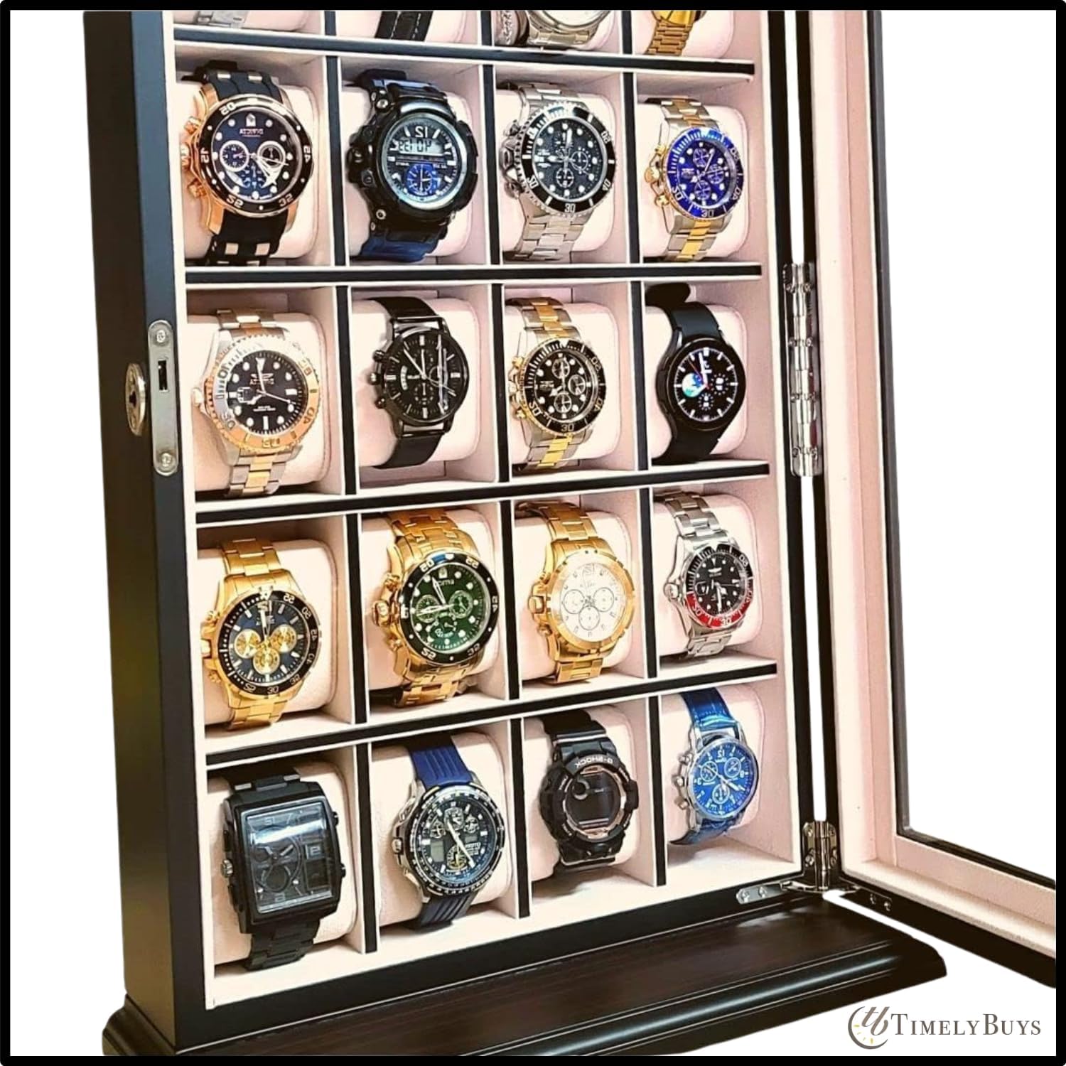 TIMELYBUYS 20 Piece Ebony Wood Watch Display Wall Hanging Case and Storage Organizer Box and Stand for Oversized Watches