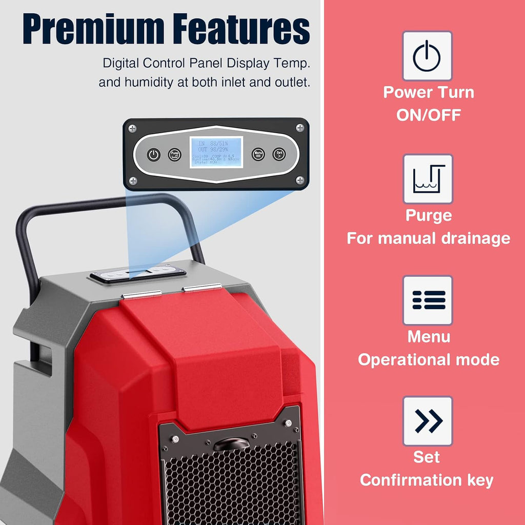 MOUNTO 180Pints Commercial Dehumidifier with Pump and Drain Hose, LGR Portable Dehumidifier with wheels for Home, Basements, Garages, and Job Sites. (Red)