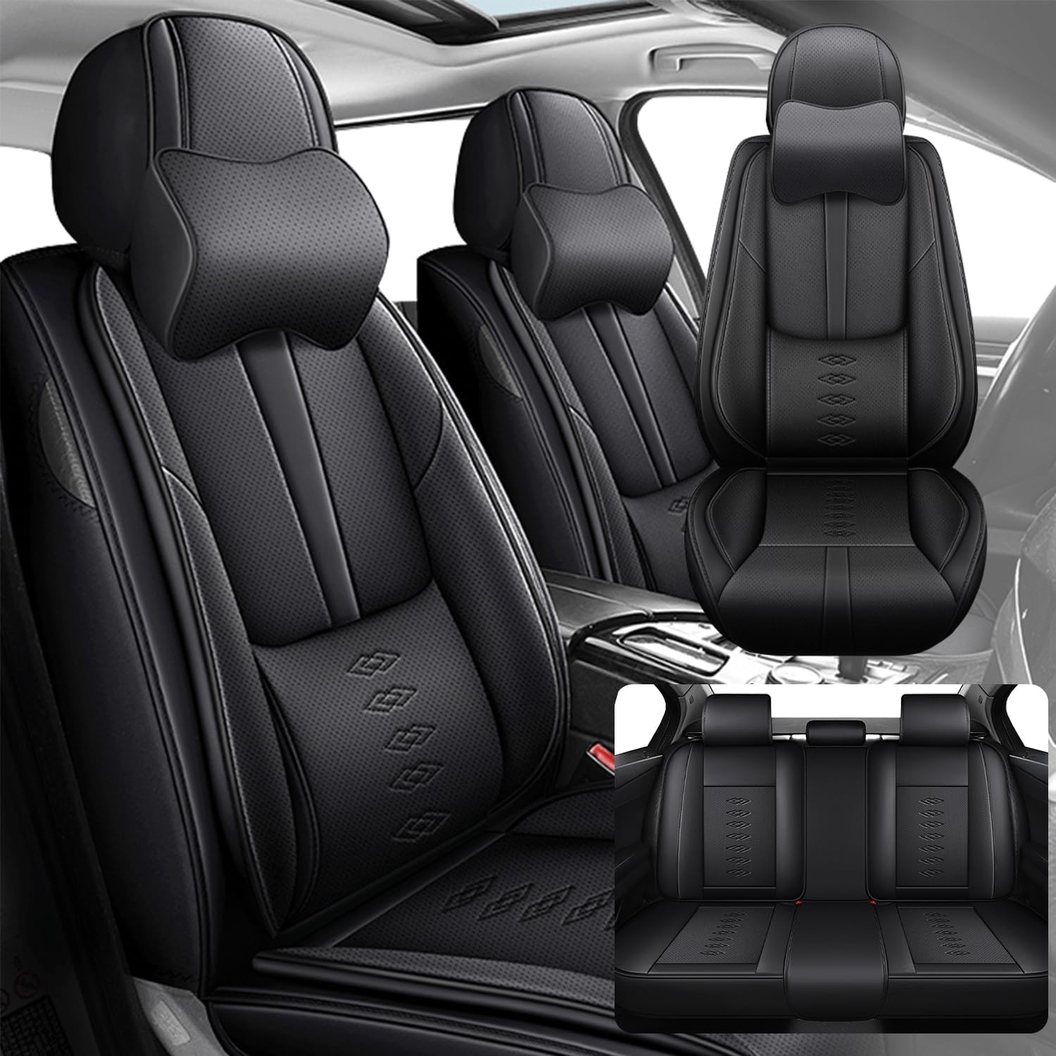 Car Seat Covers 5 Seats Fit for Mitsubishi Montero 1999-2005,Waterproof Leather Seat Covers,Airbag Compatible,Car Seat Protectors Interior Sets(5PCS with Pillows,Black)