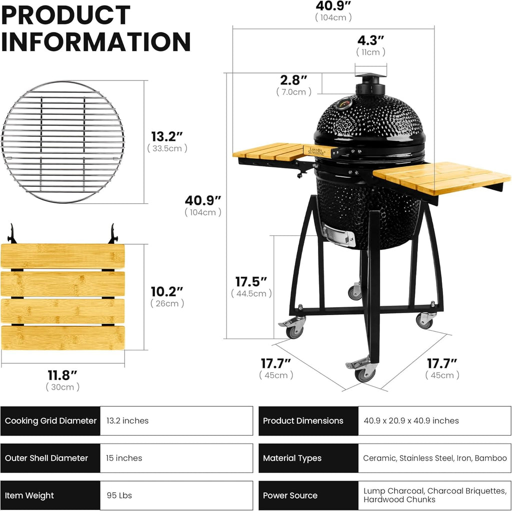 London Sunshine 15-inch Ceramic Kamado Charcoal BBQ Grill & Smoker with Locking Casters, Foldable Side Shelves, Stainless Steel Grates, and Tall Stand (Black)