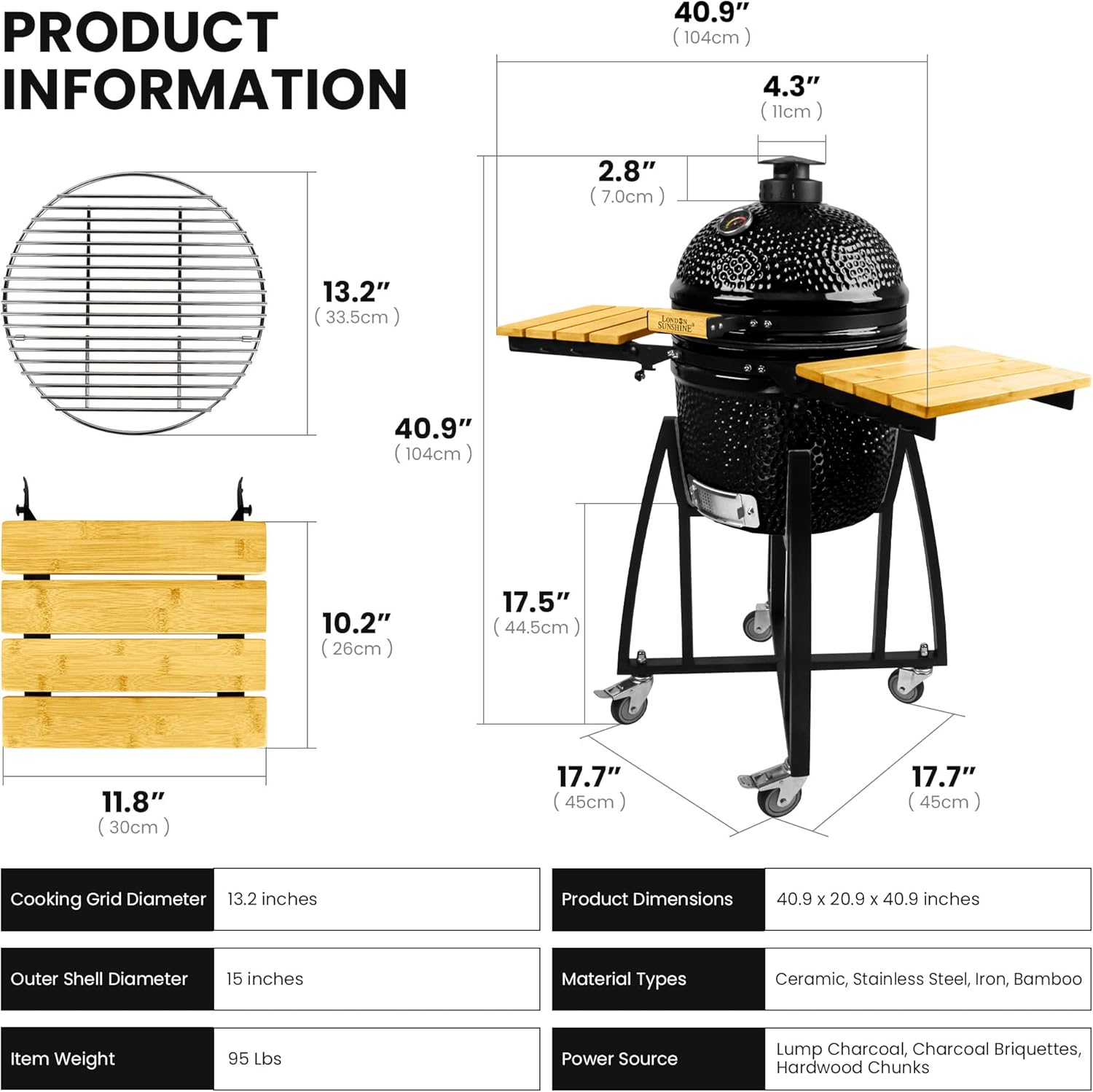 London Sunshine 15-inch Ceramic Kamado Charcoal BBQ Grill & Smoker with Locking Casters, Foldable Side Shelves, Stainless Steel Grates, and Tall Stand (Black)