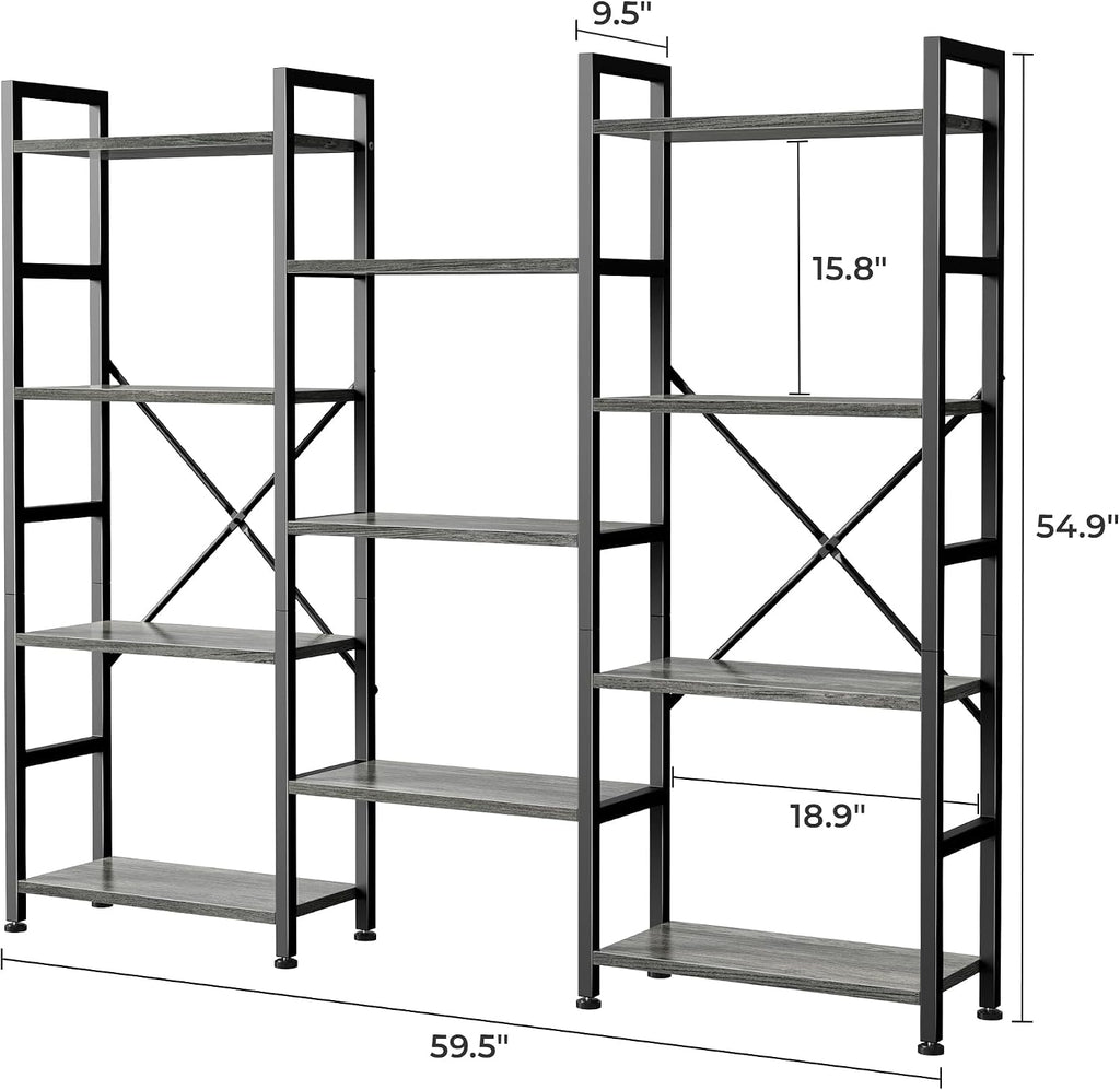SUPERJARE Triple Bookshelf, Bookcase with 11 Open Display Shelves, Wide Book Shelf Book Case for Home & Office, 4 Tier, Grey