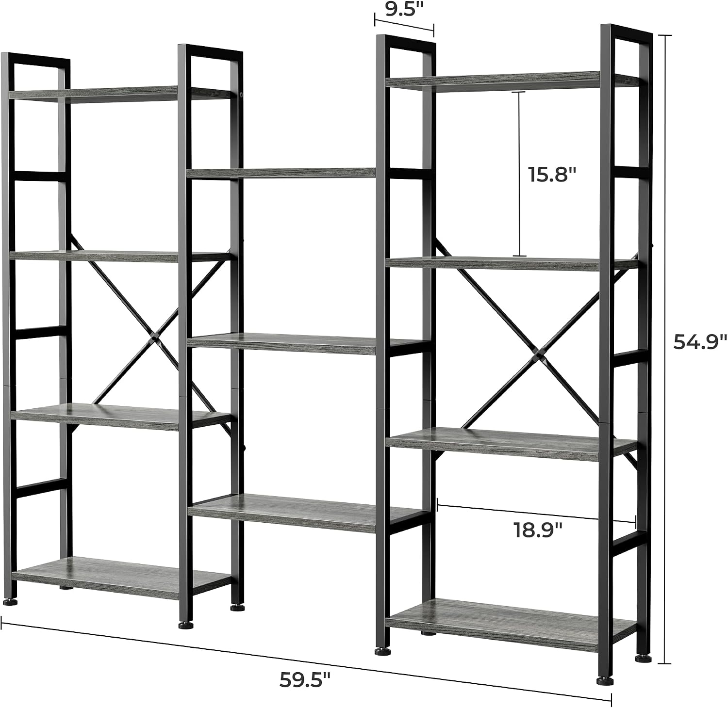 SUPERJARE Triple Bookshelf, Bookcase with 11 Open Display Shelves, Wide Book Shelf Book Case for Home & Office, 4 Tier, Grey