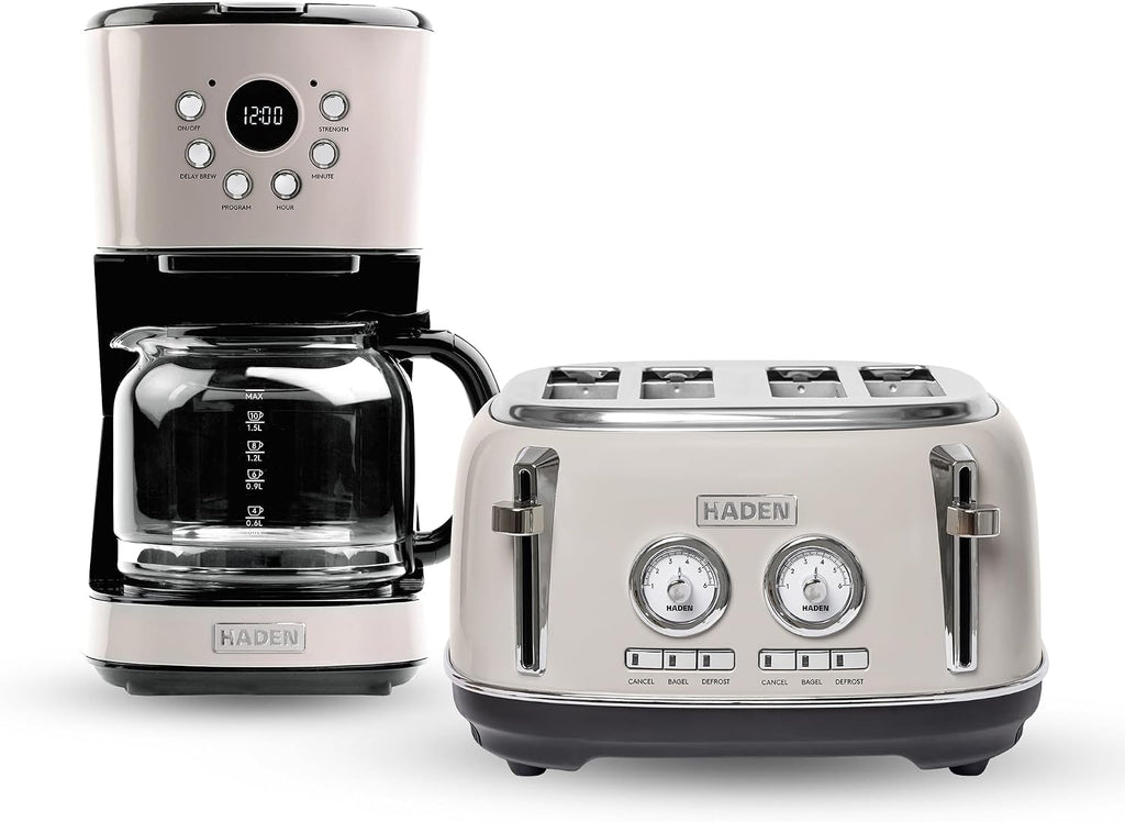 Haden 12 Cup Programmable Drip Coffee Maker Coffee Machine Bundled with Dorset 4 Slice Wide Slot Stainless Steel Toaster, Putty & Chrome