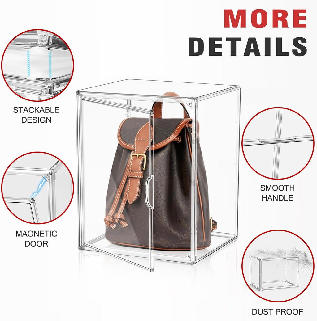 5 Pack XXX-Large Acrylic Handbag Organizer 17.7''x13''x13'' Tall Boots Storage Organizer Clear Big Display Case with Dustproof Magnetic Lid Stackable Plastic Box for Shoes, Helmet, Boots, Figures