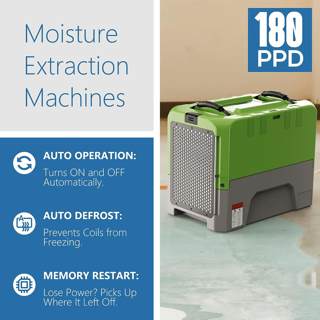 ALORAIR 180PPD LGR Commercial Dehumidifier with Pump for Basement Warehouse & Job Sites, Large Space Crawl Space Dehumidifier for Efficient Water Damage Restoration,5 Years Limited Warranty, Green