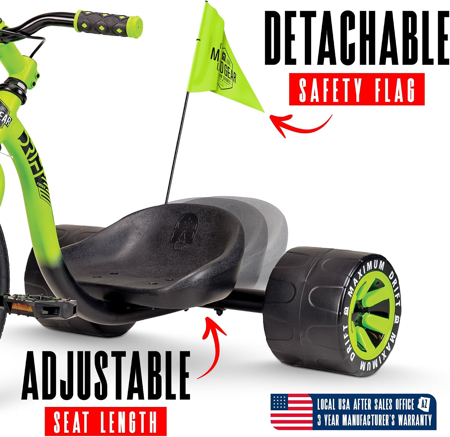 Drift Trike for Kids Ages 5+ 16' Front Wheel Ride-On with Adjustable Seat, Steel Frame, Rear Slick Drift Wheels & Safety Flag – Madd Gear Green Black