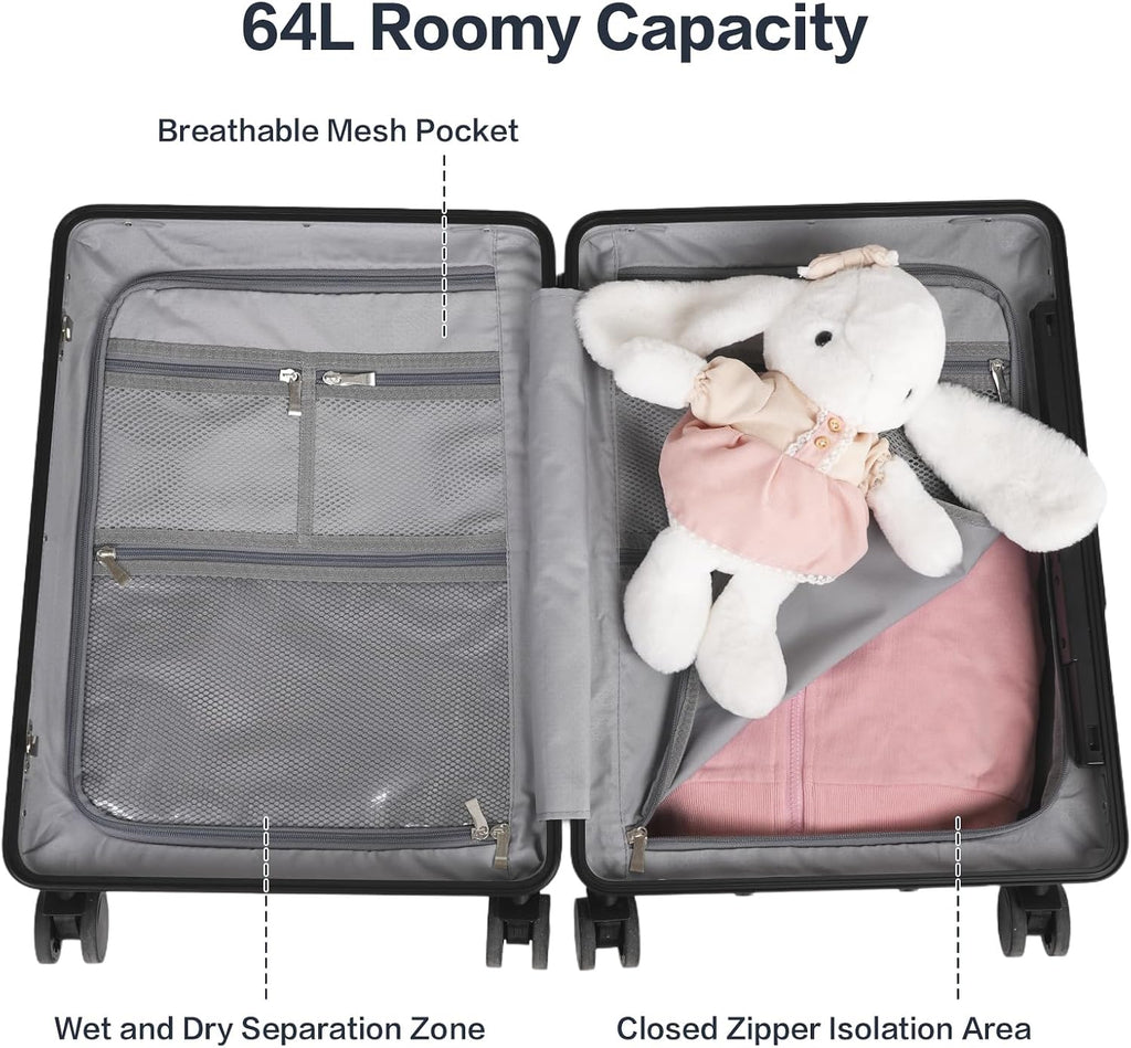 smilesun 22' Carry On Luggage with Seat For Kids & Adults，Hardside Ride On Suitcase Front Opening with 360°Spinner and TSA Lock For Travel (Black with Front Open, 22')