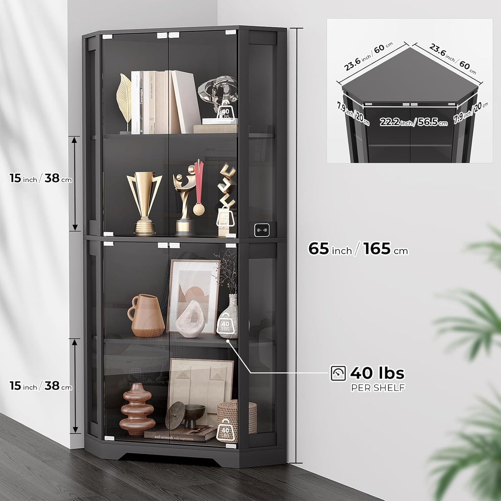 BROTTAR Corner Display Cabinet with Glass Doors, 65' Lighted Curio Cabinet with 3 Color LED Lights for Collectibles, 4-Tier Showcase Display Case with Human Body Sensor for Toys, Books, Black