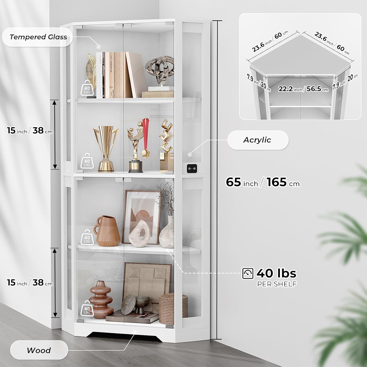 BROTTAR Corner Display Cabinet with Glass Doors, 65' Lighted Curio Display Case with 3 Color Lights for Collectibles, Books, 4-Tier Bookcase with Human Body Sensor, White