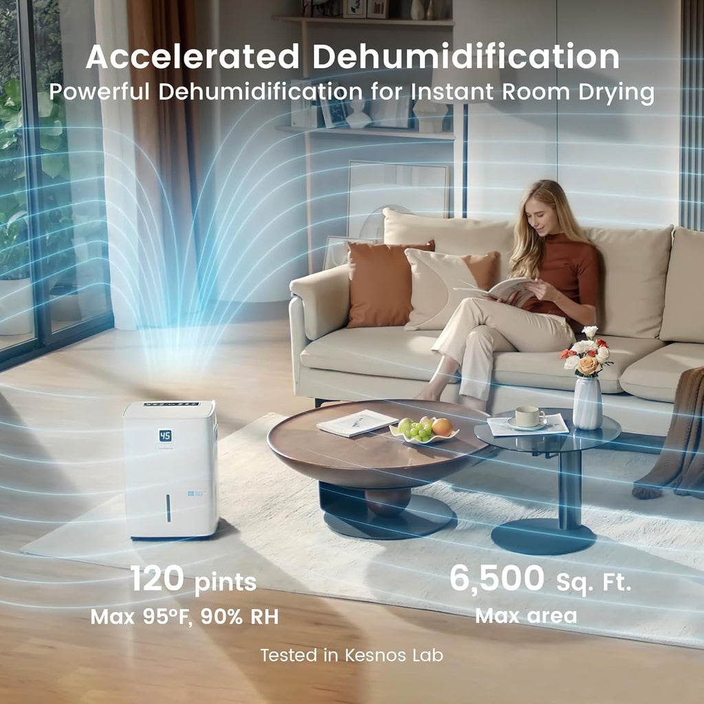 Kesnos 120 Pints Energy Star Dehumidifier for Basement & Home with Drain Hose, Front LED Display and 1.06 Gal Water Tank, Ideal for Large Room up to 6,500 Sq. Ft., Auto Defrost, Timer