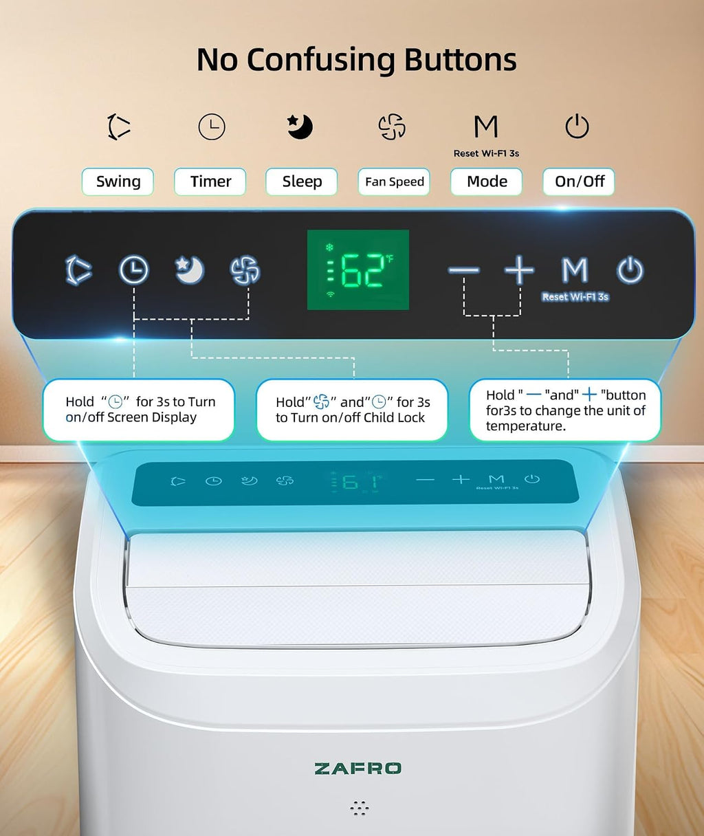 ZAFRO 10000 BTU Portable Air Conditioners (6000 BTU SACC) with Drainage-free Cooling, Fan & Dehumidifier, 47dB Quiet, APP Control/Remote/LED Display, 24H Timer, AC Unit for Bedroom