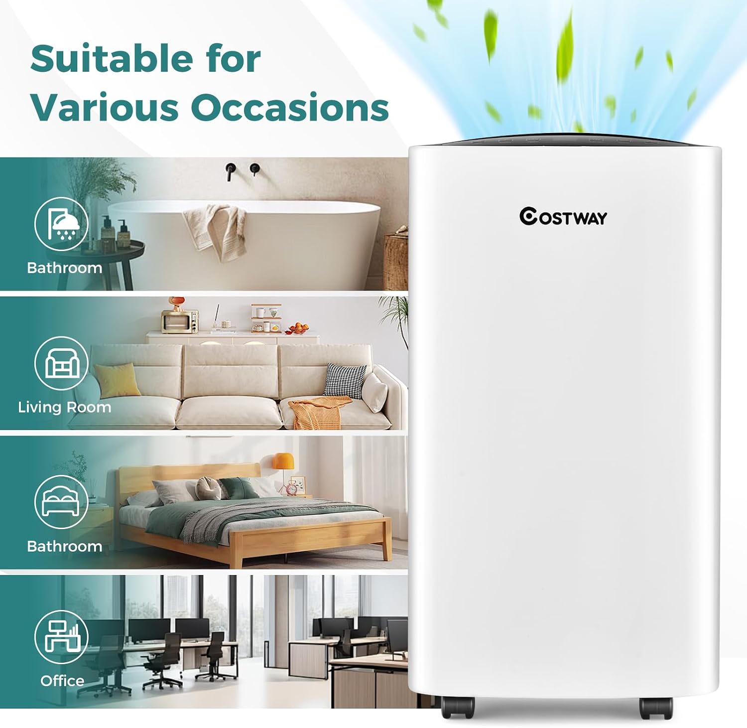 COSTWAY Dehumidifier for Large Room and Basements, Portable 30 Pints Dehumidifier with 3 Modes, 2 Speeds, Low Noise, 24H Timer, Auto or Manual Drainage