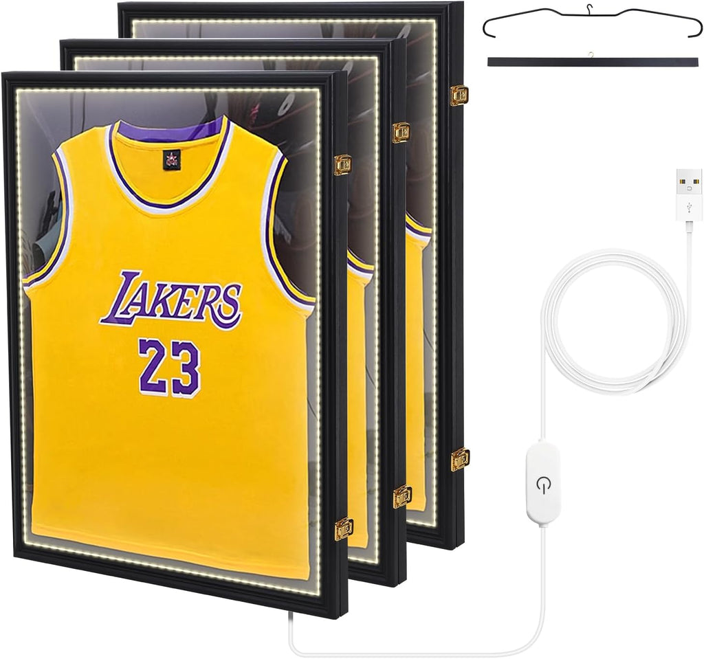Nice C Jersey Frame Display Case with Lights, LED 3 Pack, UV Protection, Valet Pinboard, Acrylic, Basketball