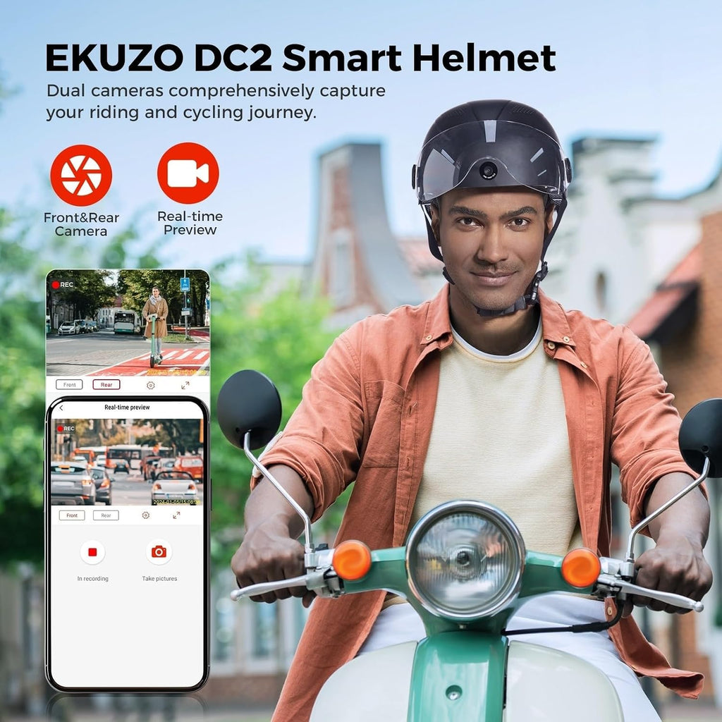 DC Smart Bike Helmet with Cameras Dual HD Front & Rear Video Recorder for Ebike & Electric Scooter, Bluetooth App Control Action Cam Helmet, CPSC Certified (Black)