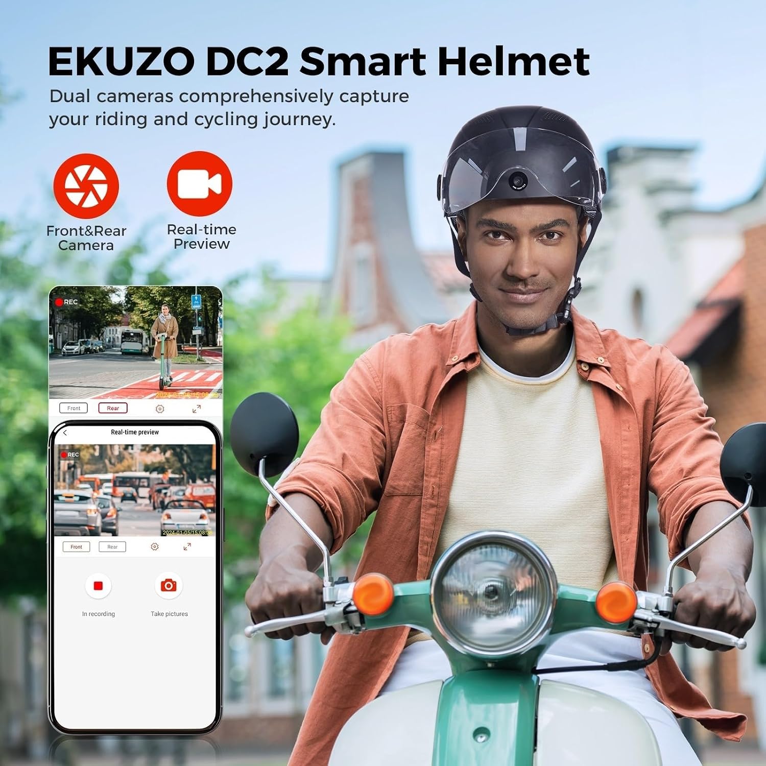 DC Smart Bike Helmet with Cameras Dual HD Front & Rear Video Recorder for Ebike & Electric Scooter, Bluetooth App Control Action Cam Helmet, CPSC Certified (Black)