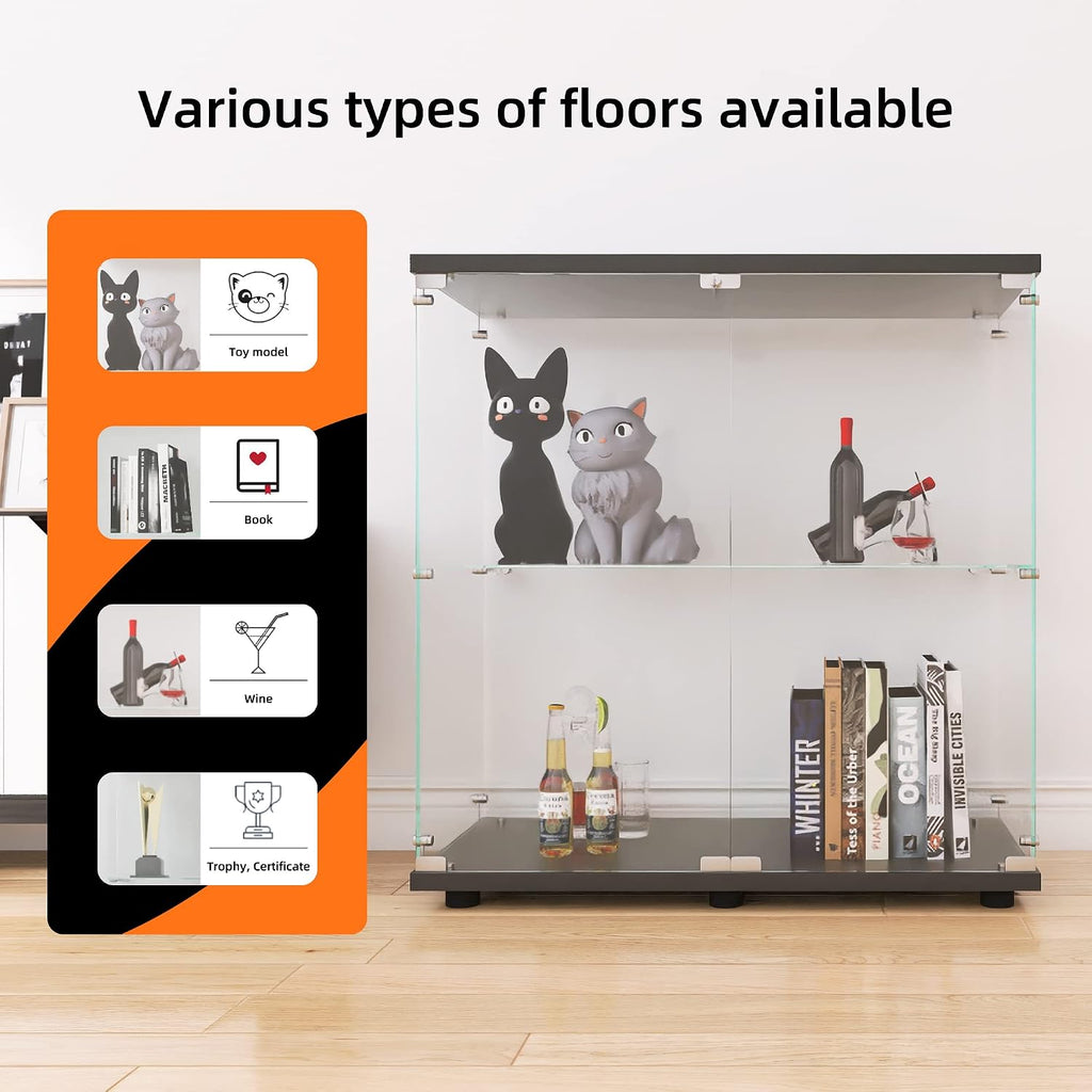 LFT HUIMEI2Y Glass Display Cabinet 2-Shelf with Double Door, Curio Cabinets Fast Installation in 30 Mins, Tempered Glass Floor Standing Bookshelf for Bedroom, Living Room 32.8'x 31.7'x 14.4' Black