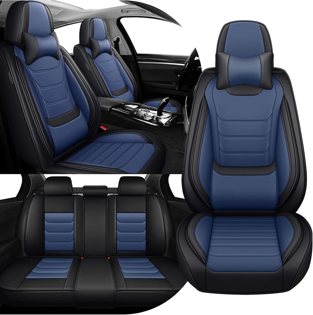 Car Seat Cover Full Set for Kia EV9 Seat Covers 2024-2025, Nappa Leather Waterproof Seat Covers for Cars, Airbag Compatible, Universal Automotive Seat Covers(Luxury Full Set/Black Blue)