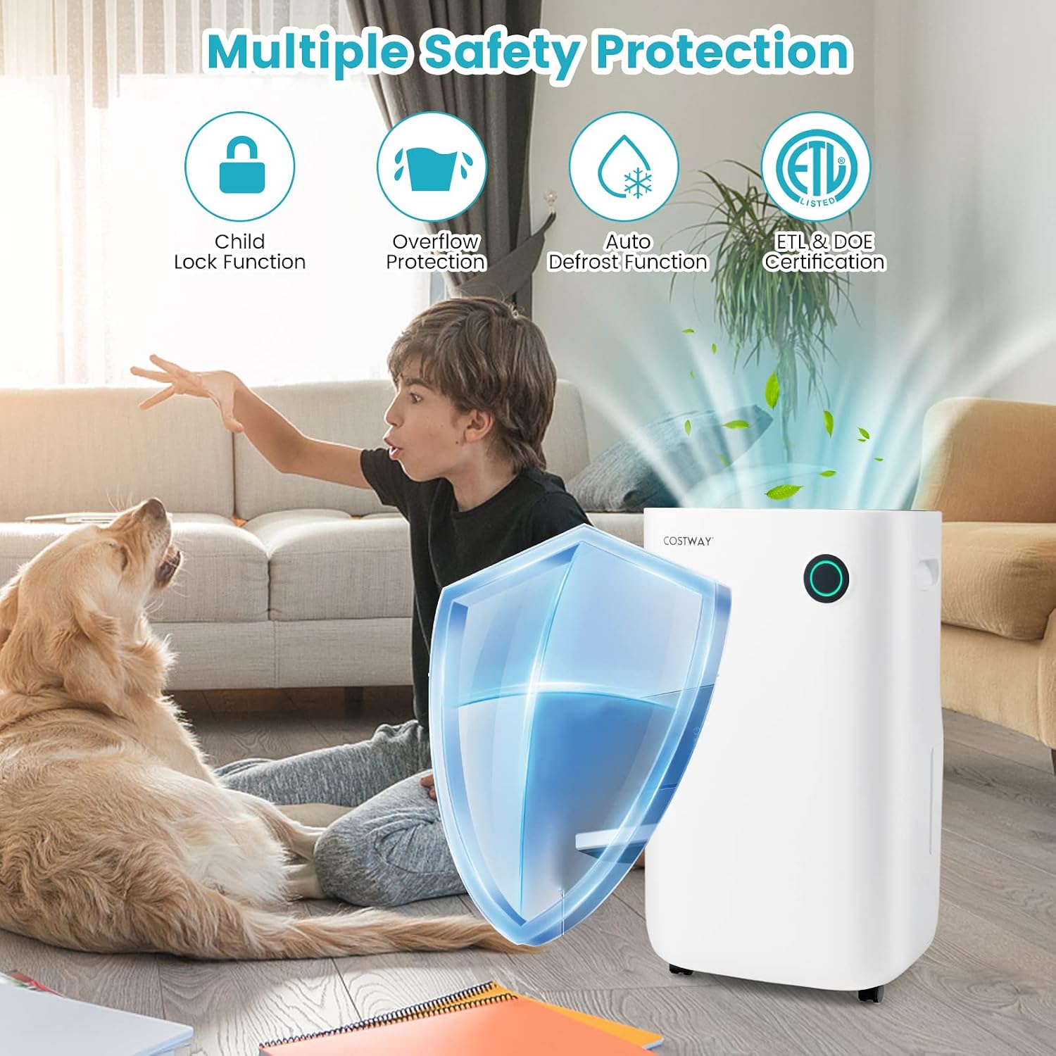 COSTWAY 73 Pint Dehumidifier for Basement, 4500 Sq. Ft Home Dehumidifier with 5 Modes, 3-Color Indicator Light, 1.7 Gallon Water Tank