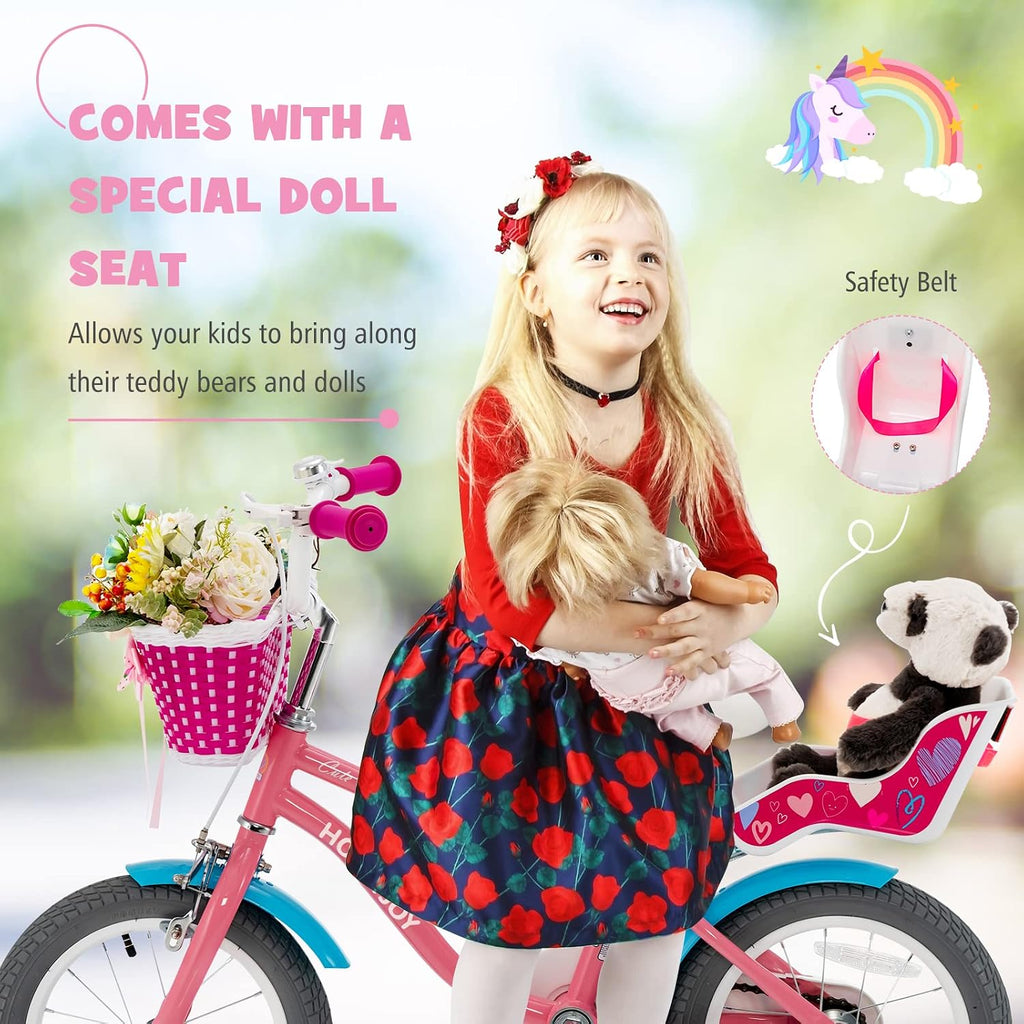 BABY JOY Kids Bike, 12 14 16 18 20 Inch Girls Bike w/Detachable Training Wheels or Kickstand, Storage Basket, Adjustable Seat & Handlebar, Bow or Streamer, Children Bicycle for 3-8 Years Old