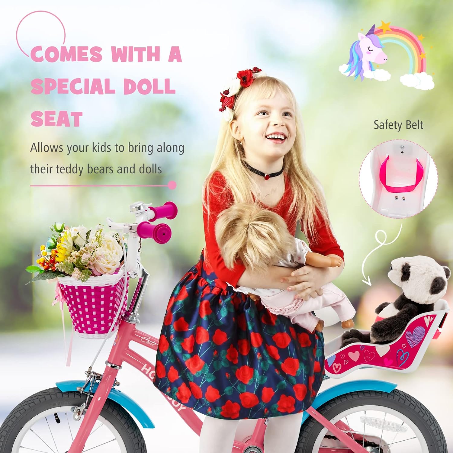 BABY JOY Kids Bike, 12 14 16 18 20 Inch Girls Bike w/Detachable Training Wheels or Kickstand, Storage Basket, Adjustable Seat & Handlebar, Bow or Streamer, Children Bicycle for 3-8 Years Old