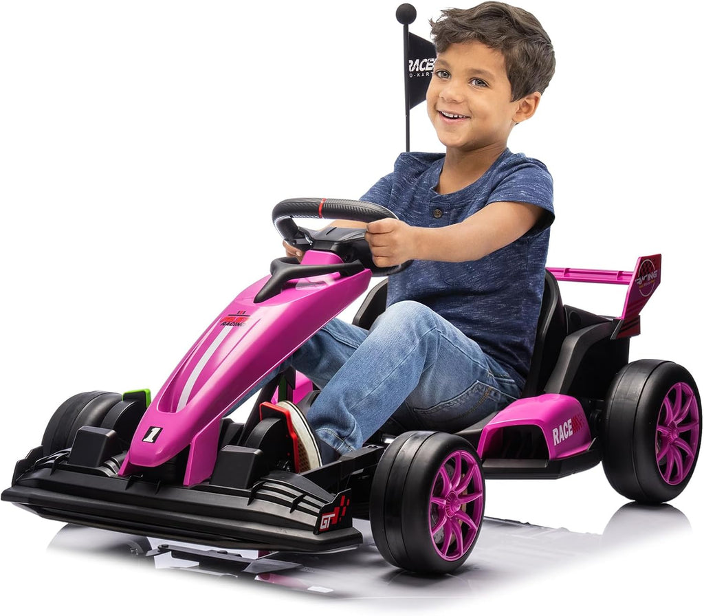 GarveeLife 24V Kids Ride on Go Kart, 7.5 mph Variable High Speed Drifting Car, 7ah Battery 200W*2 Motors,Adjustable Legroom for Kids Grows, Max Load 135 LBS, Power Display Racing Toy for 6+,Pink
