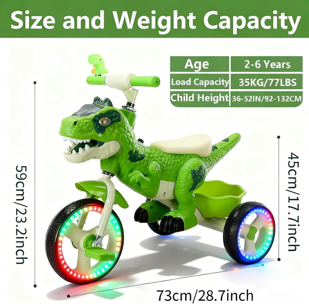 NMM Dinosaur Tricycle for Toddlers, Kids Trike with Music, LED, Tricycles for 3-5 Year Olds, for Rider, Big Wheel, Storage Basket, Horn, Toddler Bike for Boy, Dinosaur Toys for Kids 2-4 4-7