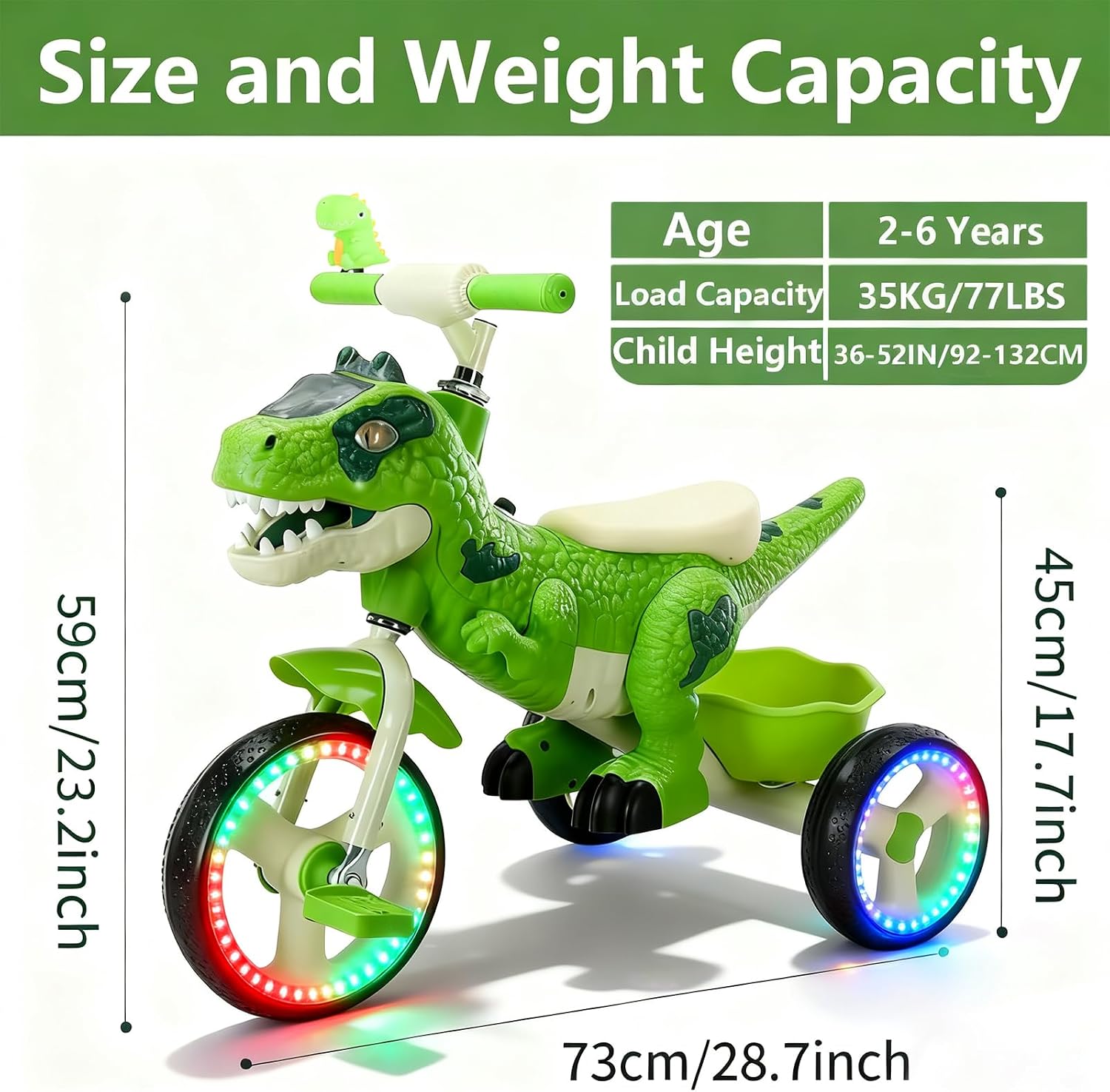 NMM Dinosaur Tricycle for Toddlers, Kids Trike with Music, LED, Tricycles for 3-5 Year Olds, for Rider, Big Wheel, Storage Basket, Horn, Toddler Bike for Boy, Dinosaur Toys for Kids 2-4 4-7