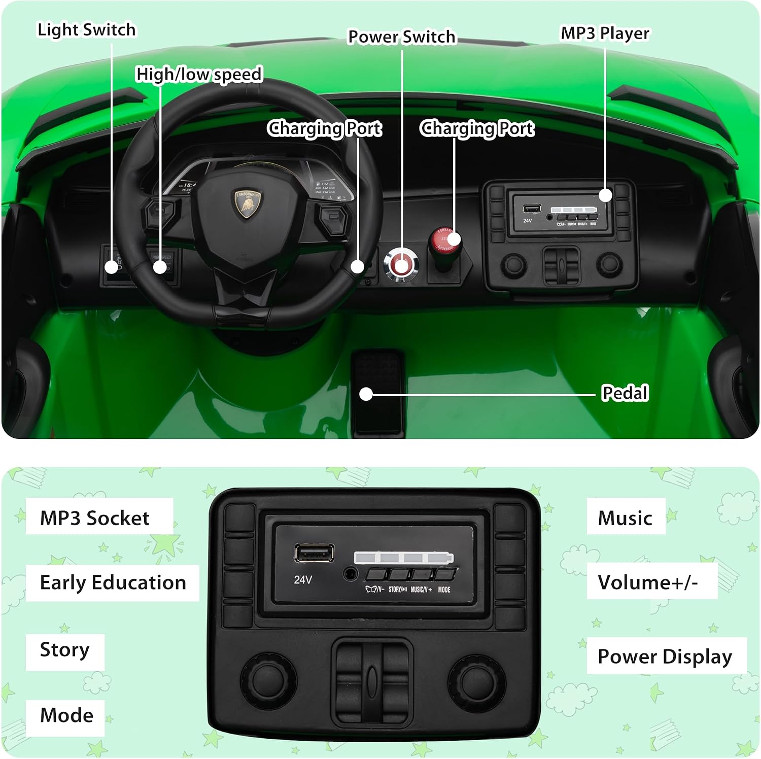 2-Seater Ride on Car 24V Electric Lamborghini for Kids High Speed 13km/h Drift Sports Car with PU Leather Seats w/Adjustable Safety Belt, 2 Speeds Mode, Music, Gifts for Children