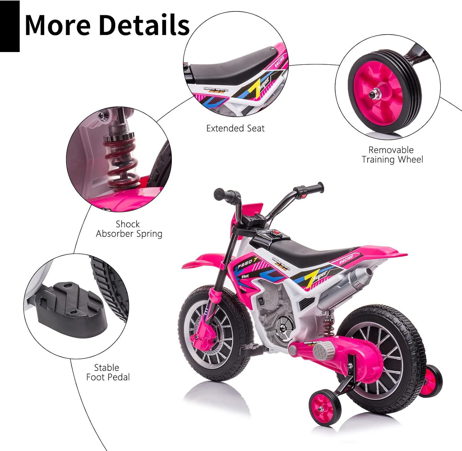 12 Volt Girls Electric Motorcycle with Training Wheels Kids Dirt Bike Battery Powered Ride On Toy Rechargeable Motorbike with 2 Speeds Music Player Shock Absorber, Rose Pink