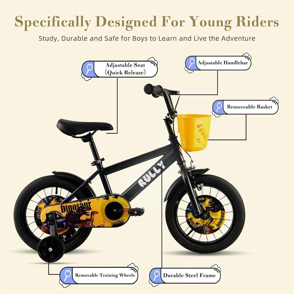 RULLY Dinosaur Kids Bike for Ages 2-7 Years Old Boys, 12 14 16 Inch BMX Style Kid's Bikes with Training Wheels, Children Bicycle for Kids and Toddler, Multiple Colors