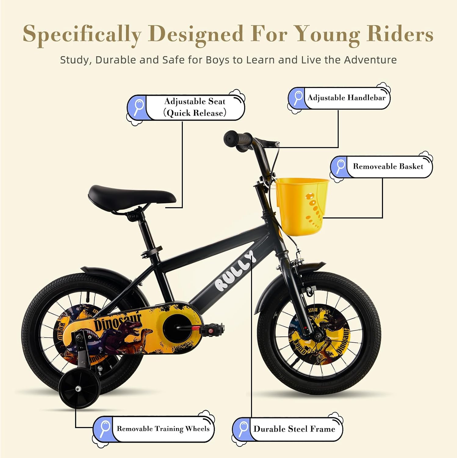 RULLY Dinosaur Kids Bike for Ages 2-7 Years Old Boys, 12 14 16 Inch BMX Style Kid's Bikes with Training Wheels, Children Bicycle for Kids and Toddler, Multiple Colors