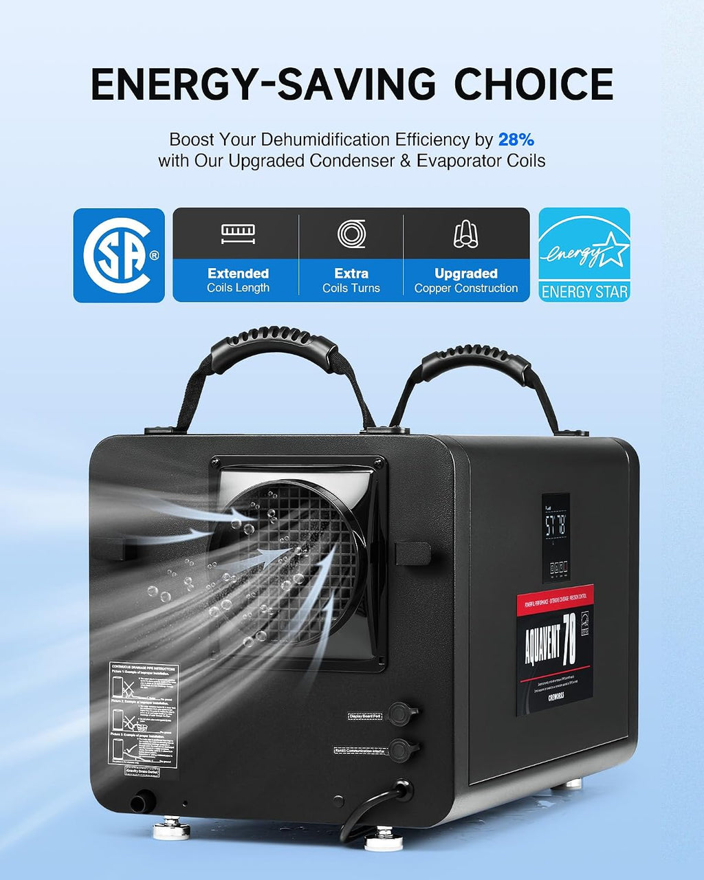 CREWORKS 145 PPD Crawl Space Dehumidifier, Commercial Dehumidifier for Basement with Built-in Hose, Professional Crawl Space Dehumidification with Auto Defrost & Detachable Display