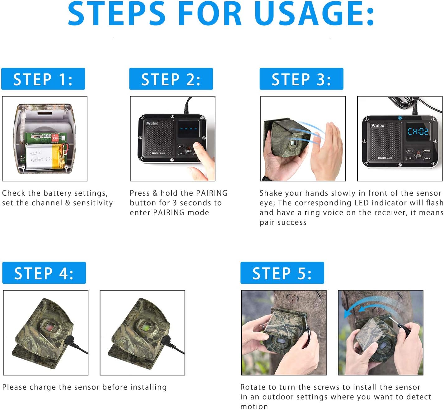 1800 Ft Wireless Outside Driveway Alarm Outdoor Motion Sensor & Detector Driveway Alert System, Rechargeable Battery/Weatherproof/Mute Mode/Clock and Alarm Functional (1&4-Camouflage)