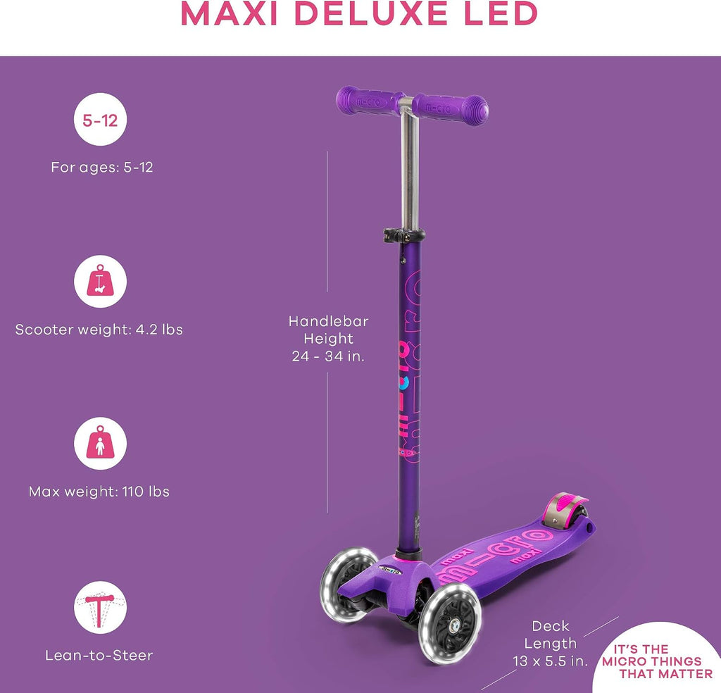 Micro Kickboard | Maxi LED Kids Scooter for Ages 5-12 | Children up to 110 lbs | 3 Wheel Lean-to-Steer Design | Adjustable T Bar | Smooth Ride, Motion Activated PU LED Wheels | Swiss Design