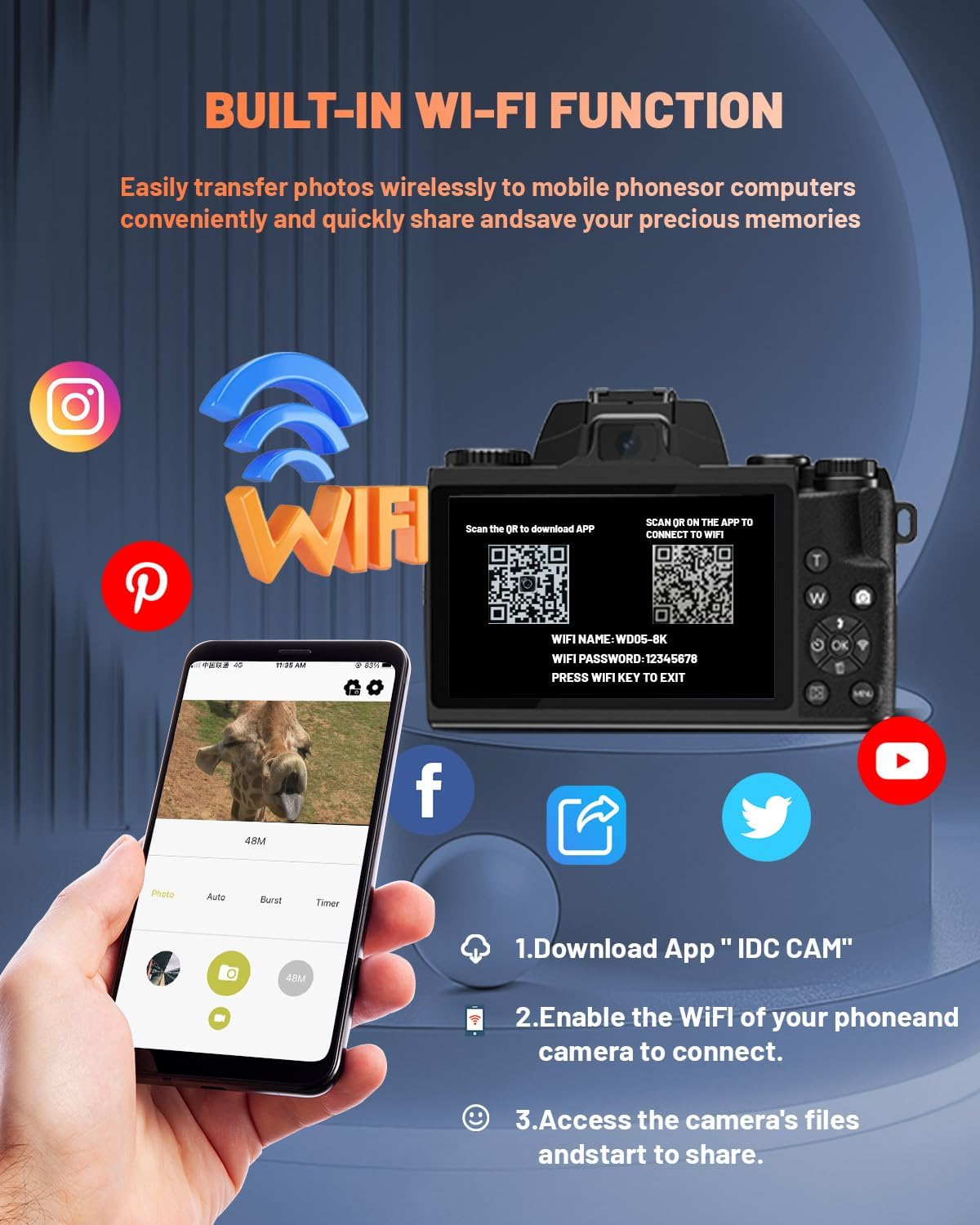 8K Digital Camera for Photography, Vlogging Camera for YouTube with Autofocus, 4 Inch Touchscreen 16X Digital Zoom Video Camera with 3000mAh Battery, Dual-Lens, Lens Hood, 32GB TF Card and Flash,Black